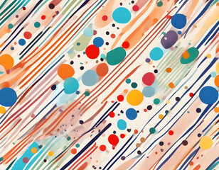 Wall Mural - Multicolored curved checkered lines and confetti, polka dots, striped pattern on a light background