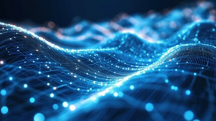 Blue wave network with glowing dots. Data technology concept