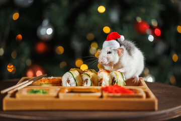 Poster - A colorful rat in a red Santa hat celebrates the New Year. A Christmas tree with a blinking garland and balls. Sushi and rolls on a wooden festive table. Asian cuisine on holiday.