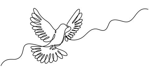 Wall Mural - Couple of dove with love one continous line vector illustration, valentines day element design, Bird flying with heart in continuous line art drawing. One outline of dove animal. Vector illustration.