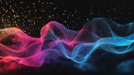 Abstract visual of sound waves turning into colorful particles, isolated on black background, futuristic and artistic, representing music and creativity