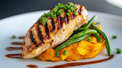 Wall Mural - Meal prep grilled chicken green beans. Grilled chicken breast served on a bed of creamy mashed sweet potatoes, garnished with green beans and scallions, drizzled with sauce.