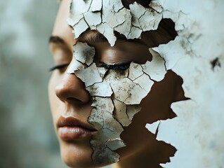 Poster - Portrait of a woman with textured face resembling cracked paint, symbolizing beauty and vulnerability, capturing the essence of transformation and self-discovery in art photography.