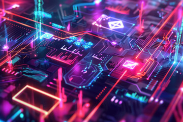 Wall Mural - close up horizontal shiny illustration of virtual futuristic cybernetic motherboard