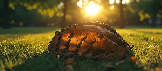 Wall Mural - Baseball glove in sunset grass.