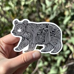 hand holding walking bear sticker with geometric pattern