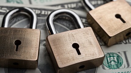 Wall Mural - Financial safeguards and investment safety. Three padlocks resting on a bed of dollar bills, symbolizing financial security and protection.