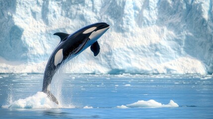 Wall Mural - Orca whale jumping in arctic waters with glacier in background