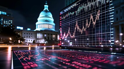 Wall Mural - capitol building, government, stock market. a digital financial chart glows in the foreground, with 