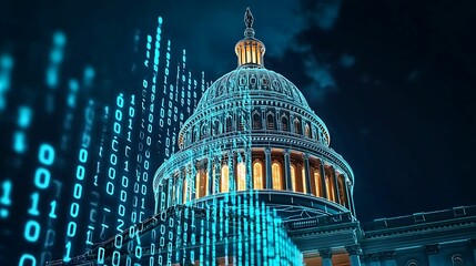 Capitol building, government, stock market. A digital representation of a government building, featuring binary code, symbolizing technology and data in politics.