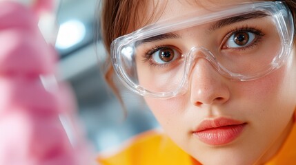 Wall Mural - a young female scientist with clear protective goggles intensely observes a scientific experiment in