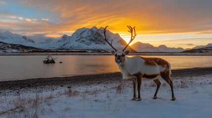 Wall Mural - Reindeer standing on snowy shore at sunset in northern norway