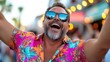© svastix - An ecstatic man with a vivid floral shirt dances joyfully amid dazzling lights at a vibrant outdoor street festival, embodying cheerfulness and colorful expression.