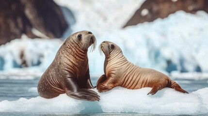 Wall Mural - Walrus mother and pup relaxing on ice floe in arctic waters