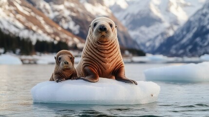 Wall Mural - Walrus mother and pup resting on ice floe in arctic waters