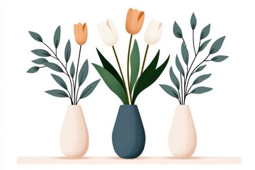 Aufkleber - A flat design of a tulip bouquet in a simple vase, illustrated in bright, clean lines against a crisp white backdrop