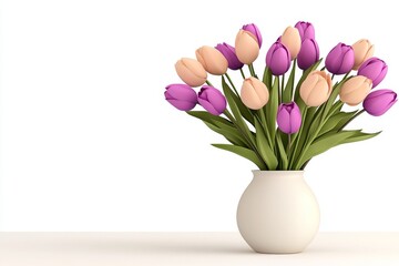 Aufkleber - A flat design of a tulip bouquet in a simple vase, illustrated in bright, clean lines against a crisp white backdrop