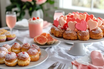 festive galentines brunch, a cheerful galentines brunch with heart-shaped decorations, pastries, and