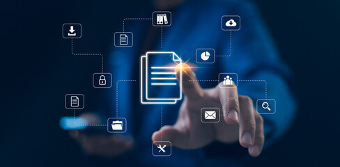 Wall Mural - businessman touching with icon document management, data sharing and secure storage. concept of digi