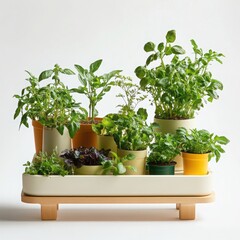 A vibrant indoor garden setup with potted plants and sustainable tools on a white background. 