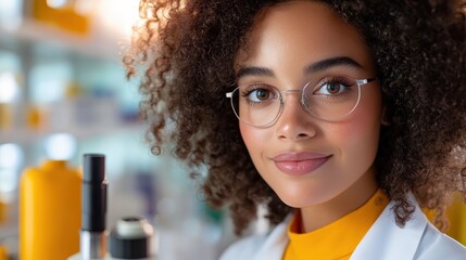Wall Mural - a female scientist with curly hair and glasses works in a laboratory, deeply engaged in using a micr