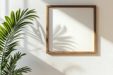 Interior poster mockup with a square wooden frame on an empty white wall, decorated with a green plant branch