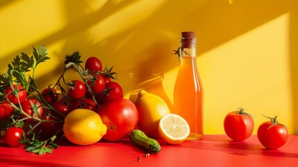 Wall Mural - Fresh fruits and vegetables with a bottle of juice