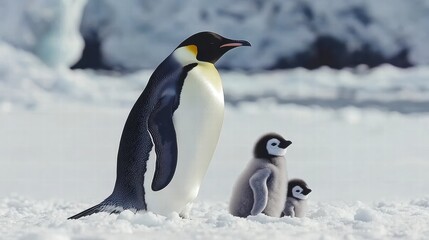 Wall Mural - Emperor penguin family standing on snowy landscape