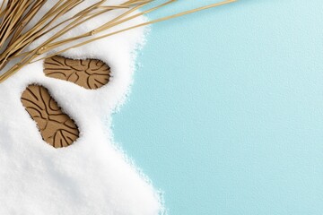 Poster - A simple 2D depiction of footprints in fresh snow, with light blue shading and a crisp white backdrop