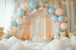 © itchaznong - Whimsical baby shower decor cozy indoor venue event setup soft pastel colors wide angle celebration of new life