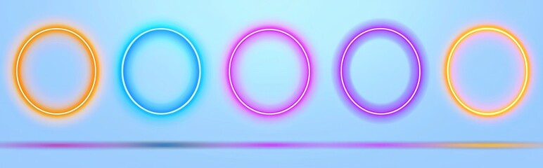 Wall Mural - A circle halo light with overlay effect on a transparent background. Set of realistic 3D illustrations of neon glow rings with sparkle, flare and smoke.