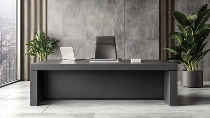 Wall Mural - Contemporary Minimalist Office Desk with Laptop Showcasing Business Documents