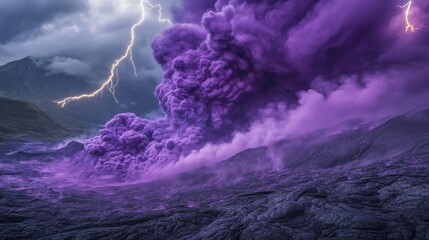 Wall Mural - swirling clouds of vivid purple smoke merge with flashes of lightning, creating a surreal tilted com