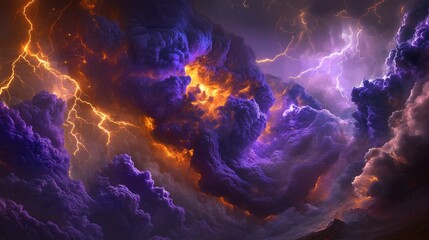 Wall Mural - swirling clouds of vivid purple smoke merge with flashes of lightning, creating a surreal tilted com
