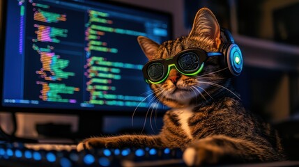 adorable cat in headphones and glasses sitting at a computer with colorful coding on the screen, per