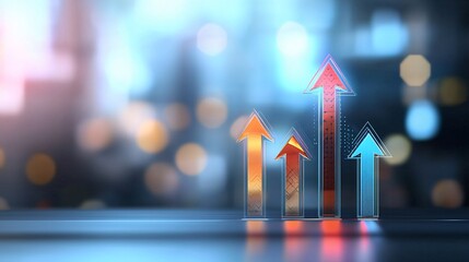 Wall Mural - Growing bar graph with vibrant arrows indicating upward trends in a visually appealing background. signifying progress and success.