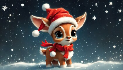 Wall Mural - A cute cartoon fawn wearing a Santa hat and red scarf sits in the snow. Falling snowflakes and a dark night sky create a magical Christmas atmosphere