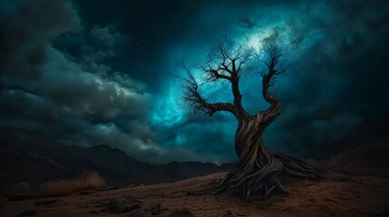 Lonely twisted tree under a starry sky, contrasting against vibrant blues and dark clouds, creating a mystical atmosphere.