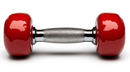 red dumbbell: a gleaming, red dumbbell, its chrome handle contrasting with the vibrant red weights, 