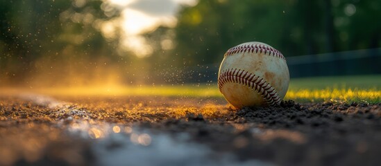 Wall Mural - Baseball on dusty field at sunset.
