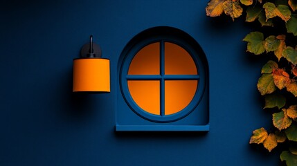 Wall Mural - A Cozy Autumn Evening: A window with glowing light shines brightly, casting a warm glow against a deep blue wall adorned with vibrant autumn leaves.