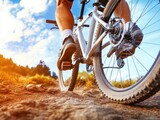 A cyclist rides on a rugged trail, showcasing an active outdoor lifestyle.