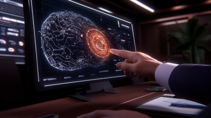 Futuristic Interface Data Analysis Global Network Hand Interaction