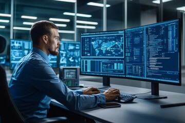 cybersecurity analyst working on multiple monitors in a dark office