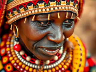 Canvas Print - A woman wearing a colorful headdress and necklace. She has a smile on her face. Concept of happiness and warmth