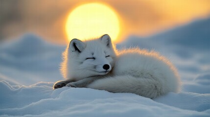 Wall Mural - Cute arctic fox sleeping on snow at sunset