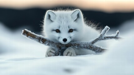 Wall Mural - Adorable arctic fox cub playing with frozen branch in snowy landscape