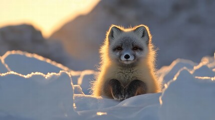 Wall Mural - adorable arctic fox relaxing in the snow at sunset