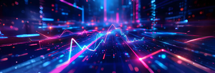 Neon pink and blue lines forming abstract data flow patterns on a dark background. Futuristic digital technology and cyberspace concept. Glowing lines and bokeh effects.