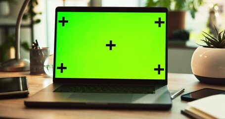 Aufkleber - Laptop, home office and green screen with tracking markers, mockup and branding as ux or advertising. Digital, technology and connection in ui, network and internet for online, website or remote work